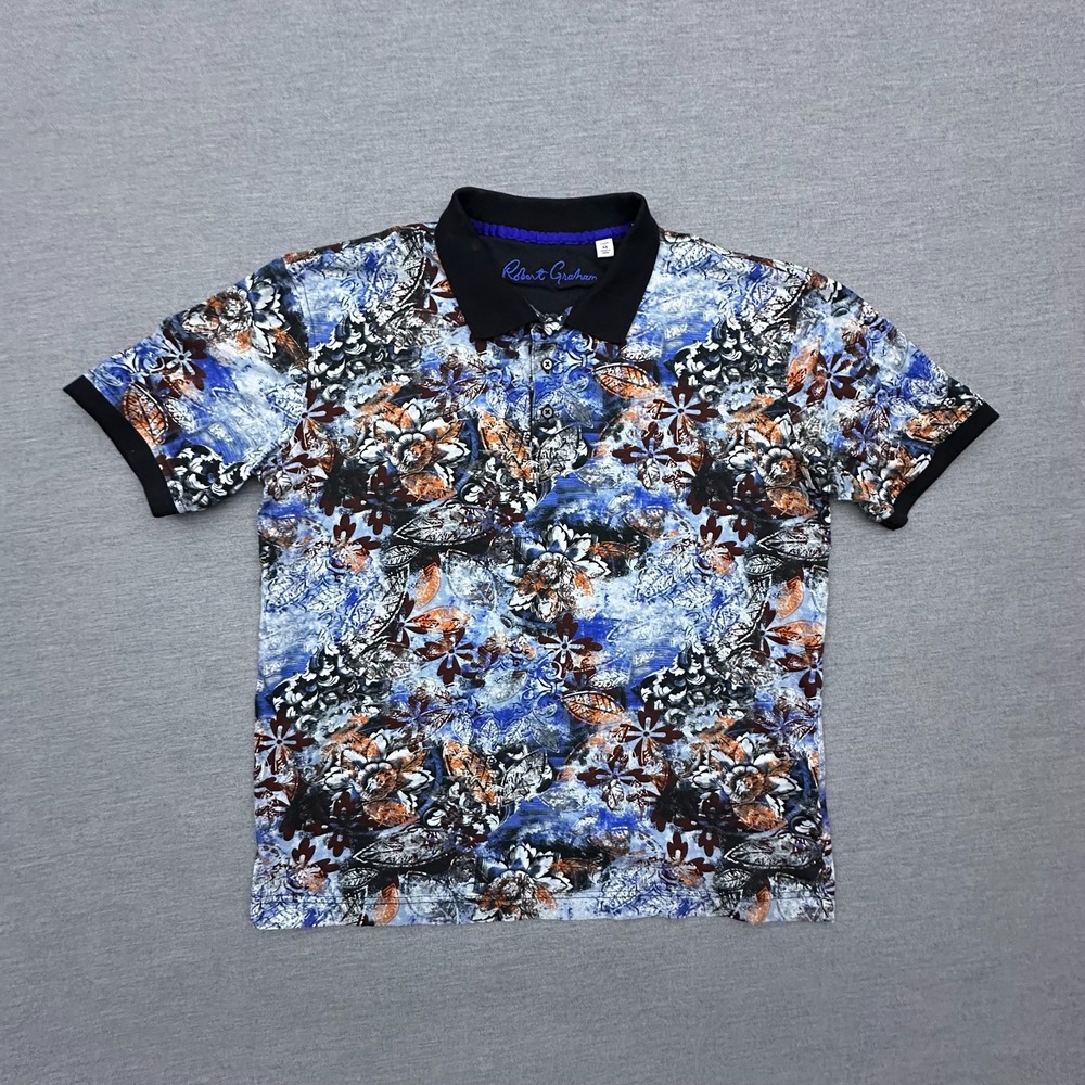 Robert Grahama Polo Shirt Mens Medium Blue Floral Paisley AOP Cotton Premium